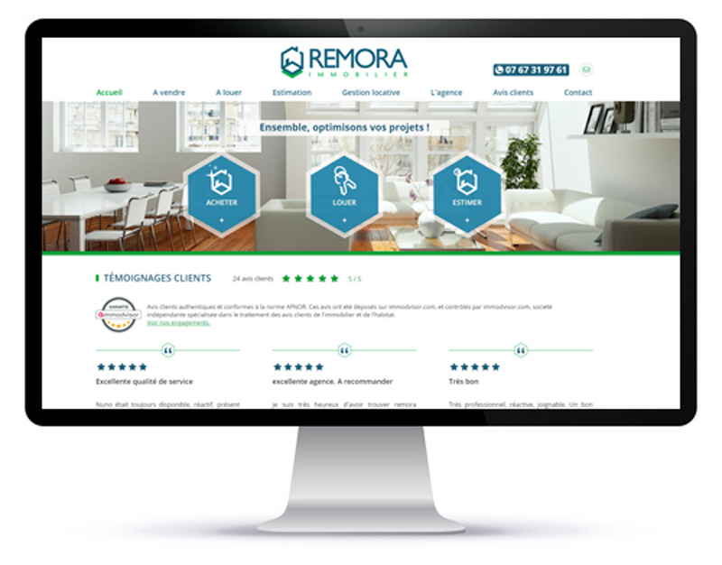Mockup ordinateur du site internet d'une agence immobilière 100% digitale Remora Immobilier